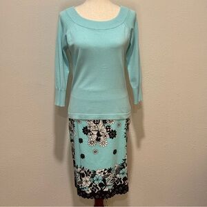 Karen Kane Women’s Aqua Sweater & Floral Aqua and Black Skirt Set Size S, Size 8